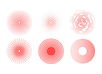 Identification process. Abstract background. Red rings sound wave and line with points in a circle. Sound wave wallpaper. Radio station signal. Circle spin vector set.