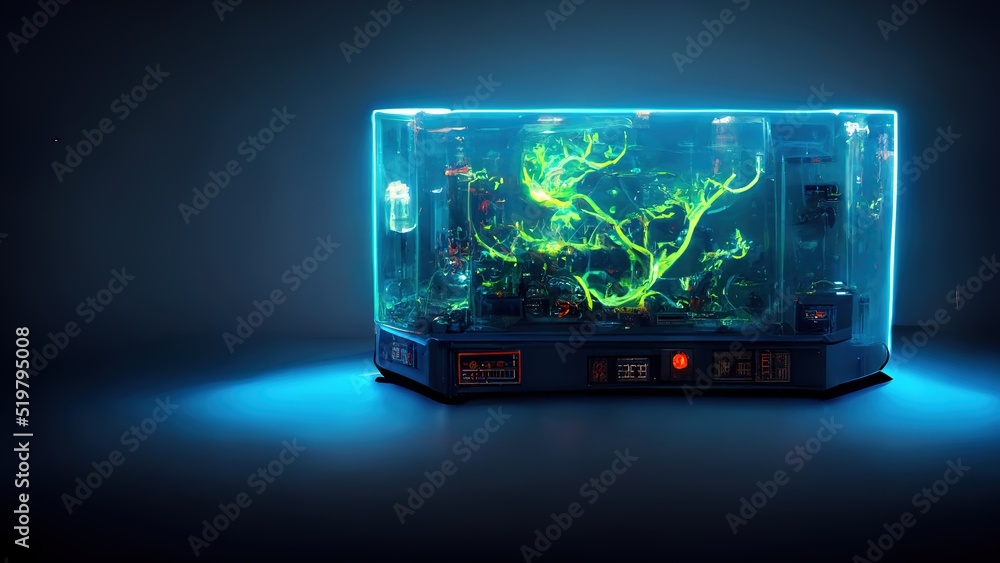Poster Gaming quantum computer glows on a dark table. Glowing computer parts inside the transparent computer case of the system unit with glowing computer parts. 3D rendering