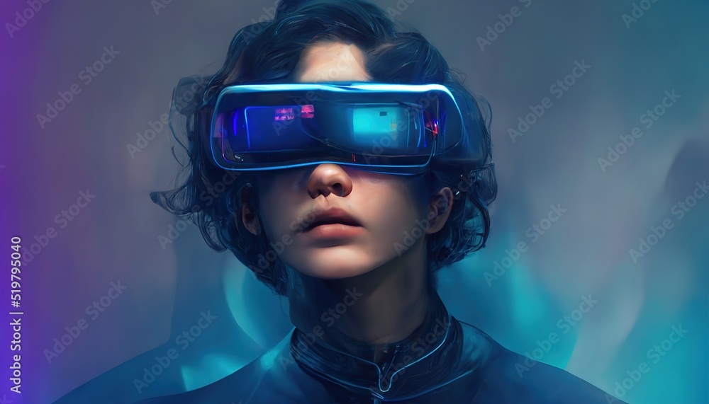 Leinwandbilder vr and ar technology futuristic concept. man wearing 3d vr headset glasses looks up in cyberspace of