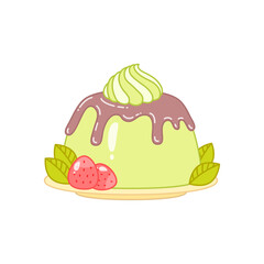 Oriental matcha green tea dessert. Flat cartoon illustration of a panna cotta with chocolate sauce isolated on a white background. Vector 10 EPS.