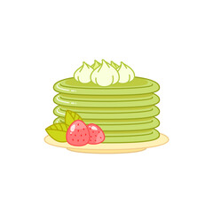 Oriental matcha green tea dessert. Flat cartoon illustration of a stack of pancakes isolated on a white background. Vector 10 EPS.