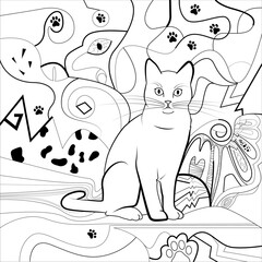 cat line drawing in abstract background