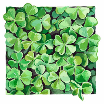 Hand drawn watercolor artwork. Green light field of clover sprouts. Garden or forest natural grass lawn. A living carpet or wall of plants.
