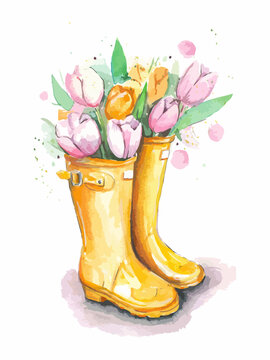 Hand drawn watercolor artwork. Bouquet of fresh Dutch tulips with buds and leaves in yellow high rubber boots. Beautiful spring flowers.