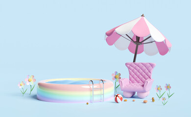 3d inflatable pool with sofa chair, umbrella, beach ball isolated on blue background. summer decorate concept, 3d render illustration
