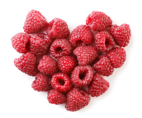 Raspberries laid out in the shape of a heart close-up on a white background. Top view