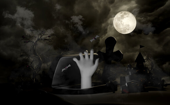 3d graveyard halloween holiday party with hand of a undead, haunted castle, full moon, flying bats, tomb, graves, fog, under the moonlight for happy halloween, horror on halloween, 3d render