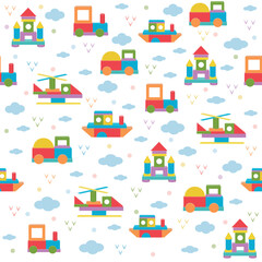 Transport pattern made of colored wooden cubes, vector isolated illustration in flat style