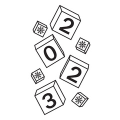 Calendar for Christmas, new year falling cubes with the number 2023, black contour doodle, vector illustration