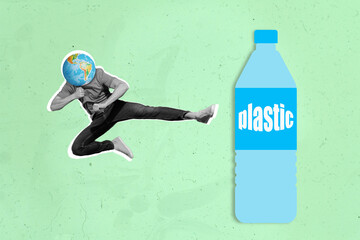 Concept collage of stopping plastic material earth pollution young guy fight bottle isolated green color background