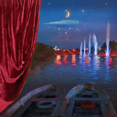 Rusanivsky canal in the city of Kyiv in the evening, luminous fountains, a romantic crescent and shooting stars behind the red theater curtain. Digital oil painting of modern impressionism.