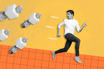 Photo cartoon comics sketch picture of hurrying guy running away from journalists crowd isolated...