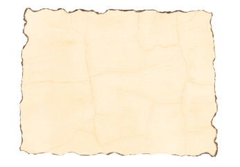 Old yellow paper, with a texture of wrinkling and burnt on all sides, which makes the edges jagged and crimped. Yellow paper isolated on white background.