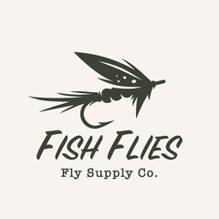 Fly fishing hook logo. Fly tying icon. Artificial feather lure emblem. Freshwater fish flies symbol. Vector illustration.