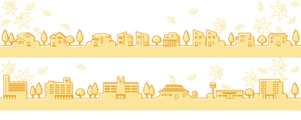シンプルでかわいい秋の街並みのイラスト（線画）