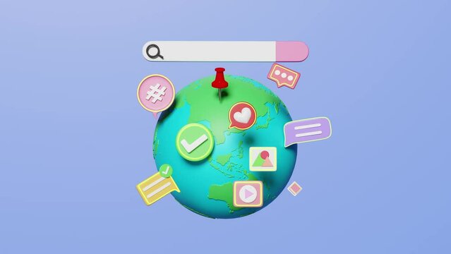 3d animation social media on earth with chat bubbles, search bar isolated on blue background. online social, communication applications seo concept, 3d render illustration