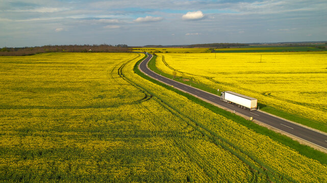 AERIAL: Cargo truck on a delivery mission moving across flowering farm landscape