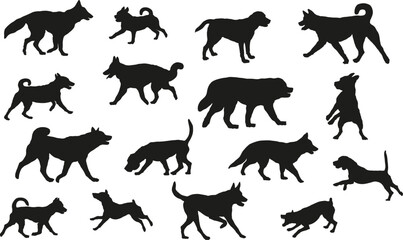 Group of dogs various breed. Black dog silhouette. Running, standing, walking, jumping dogs. Isolated on a white background. Pet animals. Vector illustration.
