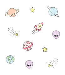 Cute planets and stars vector illustration. Solar system hand drawn vector 