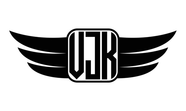 VJK three Letter wing minimalist creative concept icon eagle symbol professional black and white logo design, Vector template