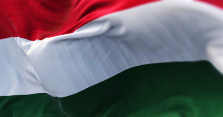 Close-up view of the Hungary national flag waving in the wind
