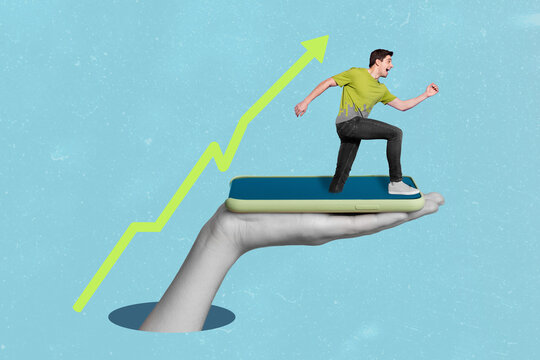 Creative 3d photo artwork graphics painting of huge palm holding device mini guy running isolated drawing blue background