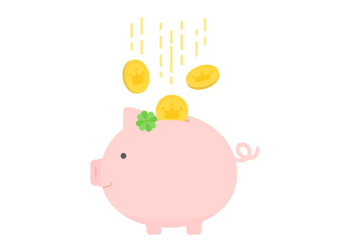 降ってくるお金とクローバーの葉を付けたピンク色のかわいい豚の貯金箱
