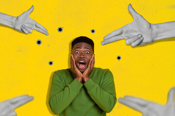 Creative 3d photo artwork graphics painting of funny funky guy afraid killers isolated drawing yellow background