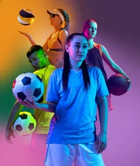 Zelfklevend Fotobehang Composite image with young different sportsmen, soccer, football, volleyball and basketball players over purple background in neon light. © master1305