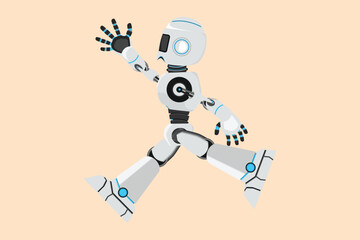 Business flat drawing happy robot jumping with spreads both legs and raise one hand. Humanoid cybernetic organism. Future robotic development. Celebrate achievement. Cartoon design vector illustration