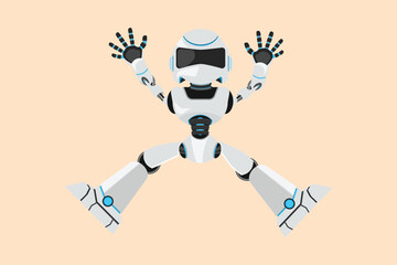 Business design drawing happy robot jumping with raised his arms and legs. Future technology development. Artificial intelligence and machine learning processes. Flat cartoon style vector illustration