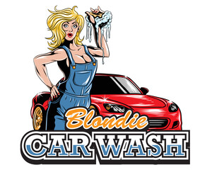 car wash logo with blondie women and car vector illustration   