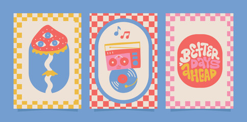 Groovy poster set in flat cartoon style with slogan, retro music and trippy mushroom. Graphic checkered background. Retro 60s 70s psychedelic design. Abstract hippie illustration