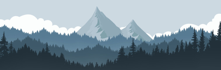 mountain landscape and pine forest With mountains and sky as background in the morning. Nature vector illustration.