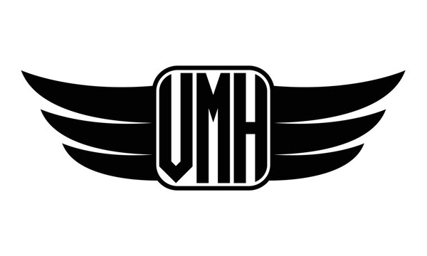 VMH three Letter wing minimalist creative concept icon eagle symbol professional black and white logo design, Vector template