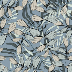 Tropical seamless pattern with leaves. Stylized as an ink painting.