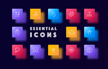 Naklejka premium Creative occupation set icon. Paint brush, idea, light bulb, musical notes, photo, landscape, image, snap of fingers, speech bubble, brain, gear, people. Art concept. Glassmorphism. Vector line icon