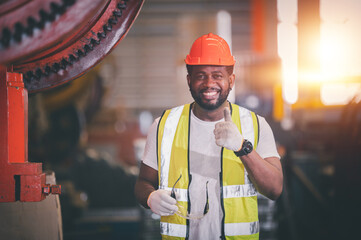 Portrait African American Black afro worker in factory, Cameroon Black man employee work in ...