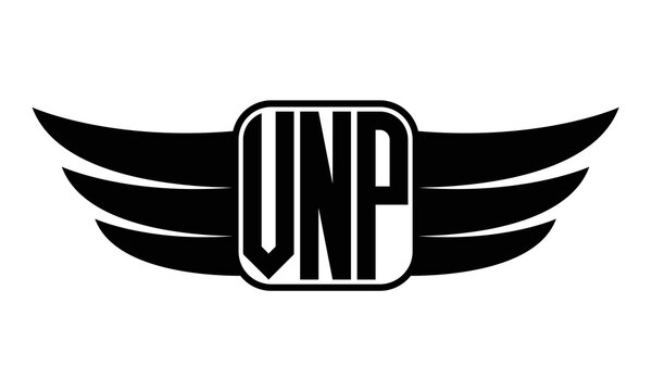 VNP three Letter wing minimalist creative concept icon eagle symbol professional black and white logo design, Vector template