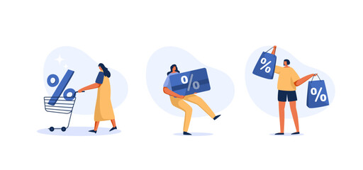 Women and shopping. Percentage symbols and product price reductions. Young women are happy to buy cheap products. Vector illustration.