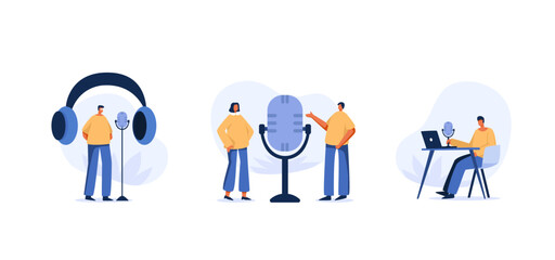 Podcast illustration set.  People listening audio on smartphone. flat charater illustration