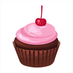 Chocolate cupcake with buttercream frosting and cherry.