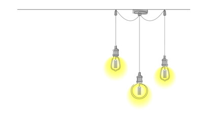One line drawing of modern loft style chandelier with pendant lamps with Edison bulbs. Continuous line drawing of shining lightbulbs in doodle style. Horizontal vector illustration with place for text
