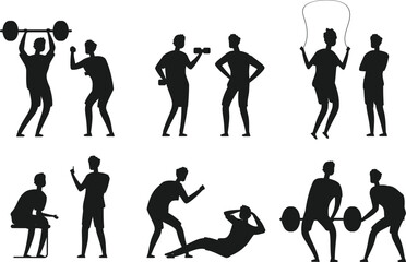 Fitness trainer male personal coach helps bodybuilder isolated Vectors Silhouettes