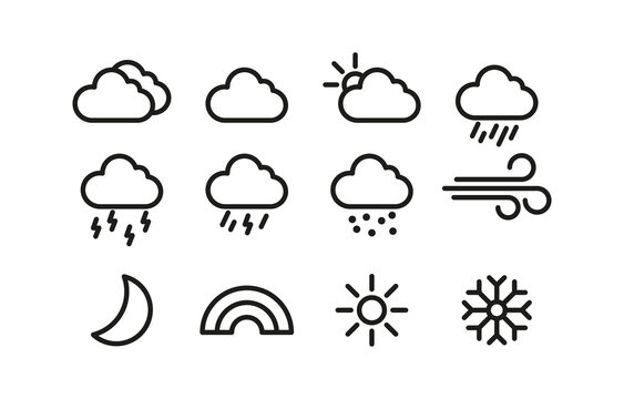 Weather conditions set icon. Cloud, cloudy, sun, rain, lightning, thunderstorm, wind, moon, rainbow, snow, snowflake, forecast. Nature concept. Vector line icon for Business and Advertising