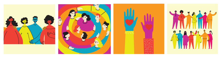 Group of people men, women are standing together. Concept of diversity, equality, tolerance, multicultural society. Vector set of multicultural people.