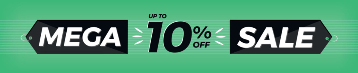 10% off. Horizontal green banner. Advertising for Mega Sale. Up to ten percent discount for promotions and offers.