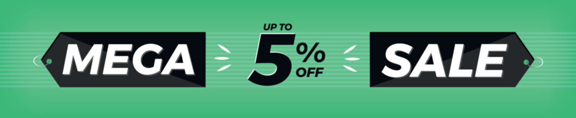 5% off. Horizontal green banner. Advertising for Mega Sale. Up to five percent discount for promotions and offers.