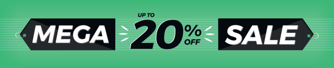 20% off. Horizontal green banner. Advertising for Mega Sale. Up to twenty percent discount for promotions and offers.