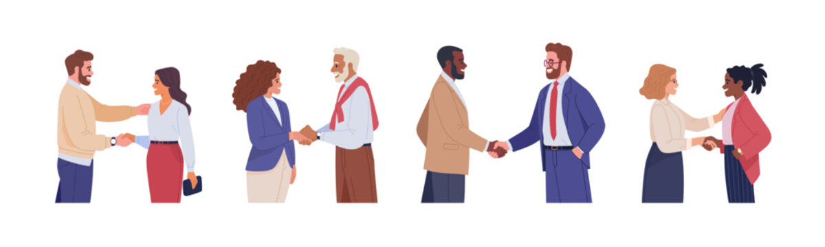 Meeting of business people. Vector illustration in flat cartoon style of several couples of people of different nationalities in business clothes shaking hands. Isolated on white